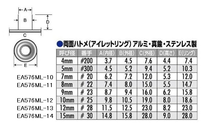 EA576ML-10｜7mm 両面ハトメ(真鍮製/300組)のページ -