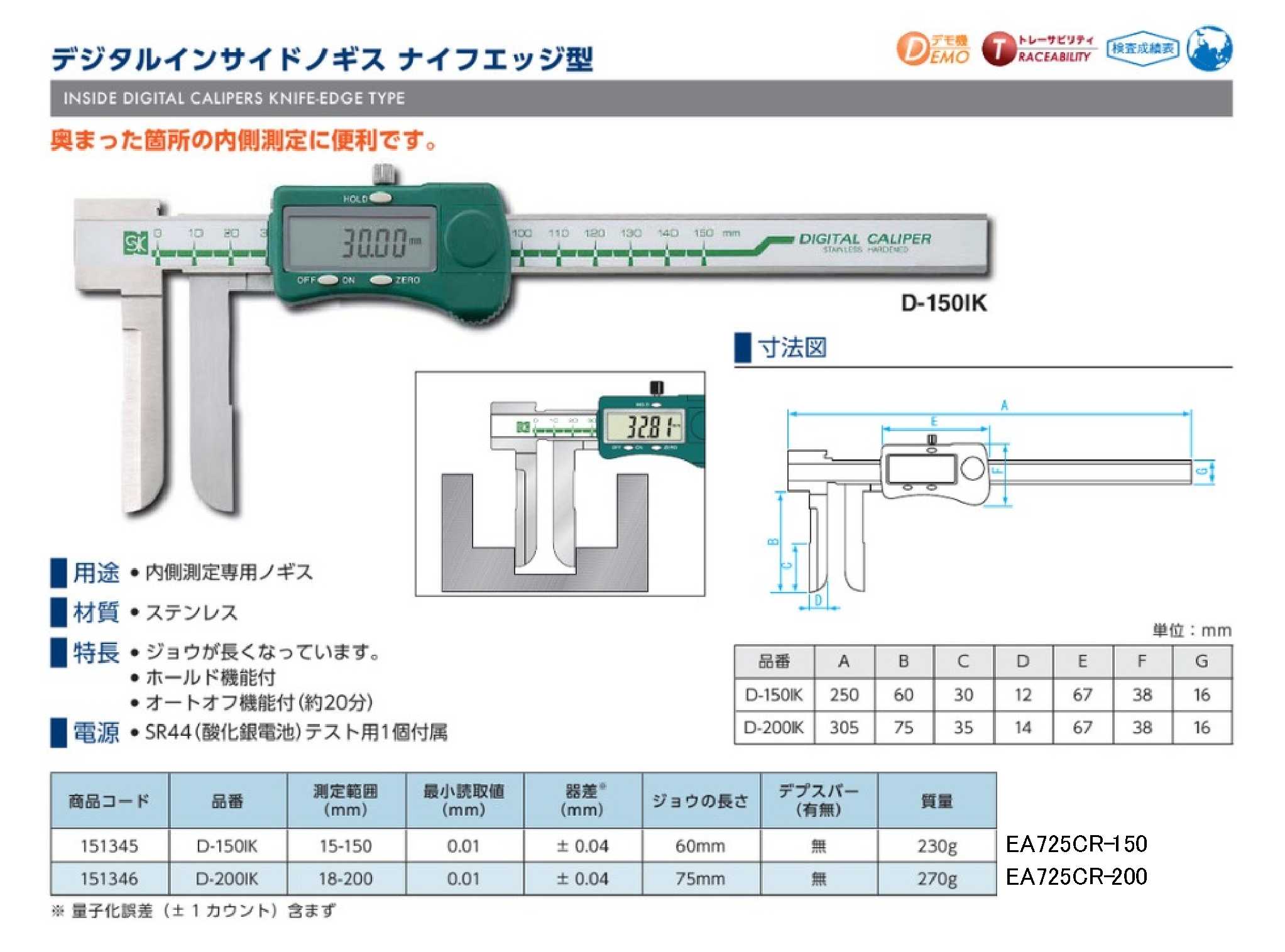 EA725CR-200｜200mm デジタルノギス(ｲﾝｻｲﾄﾞ型)のページ -