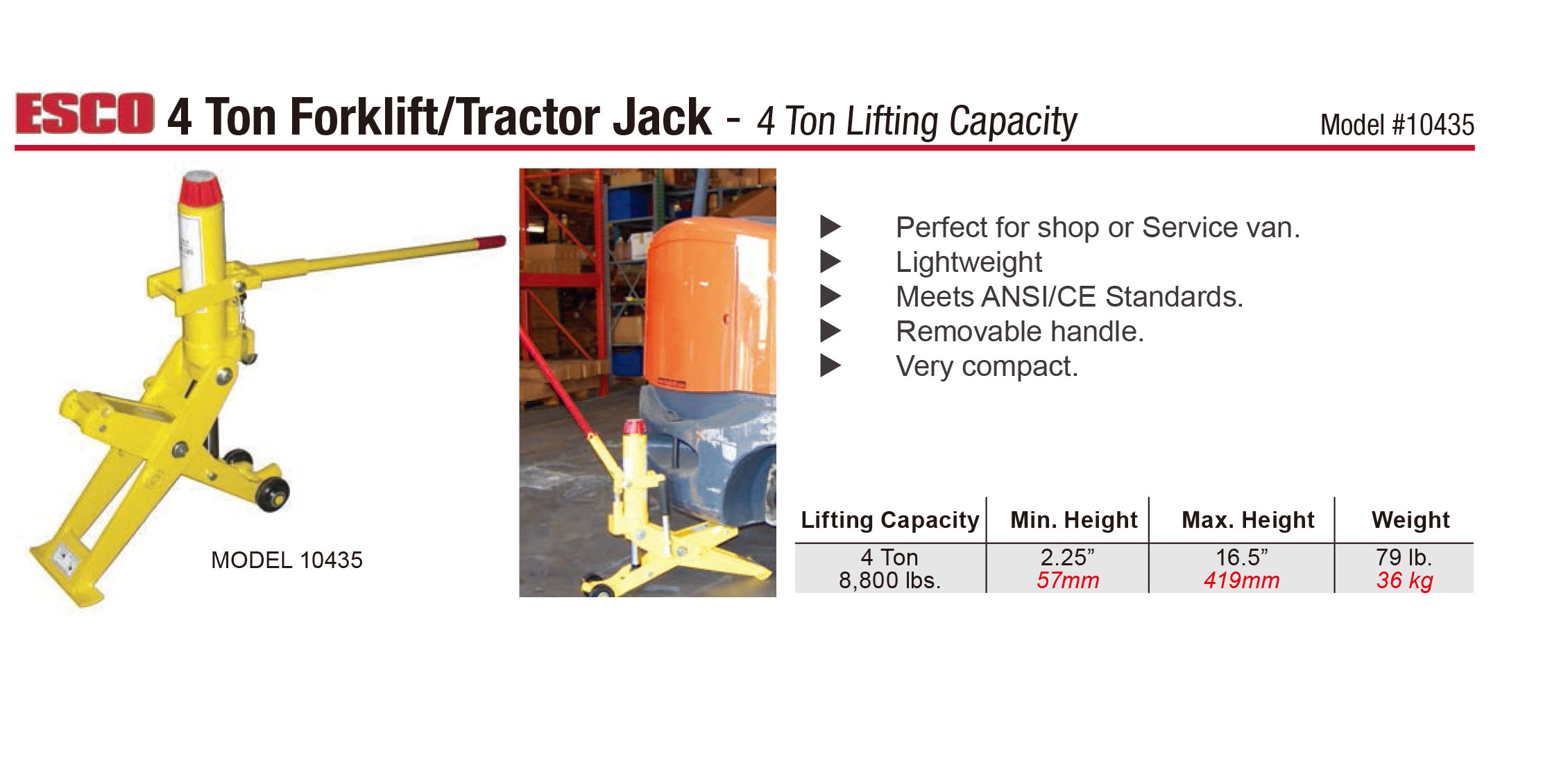 EA993CC-4A｜4.0ton/ 57-419mm フォークリフトジャッキのページ -